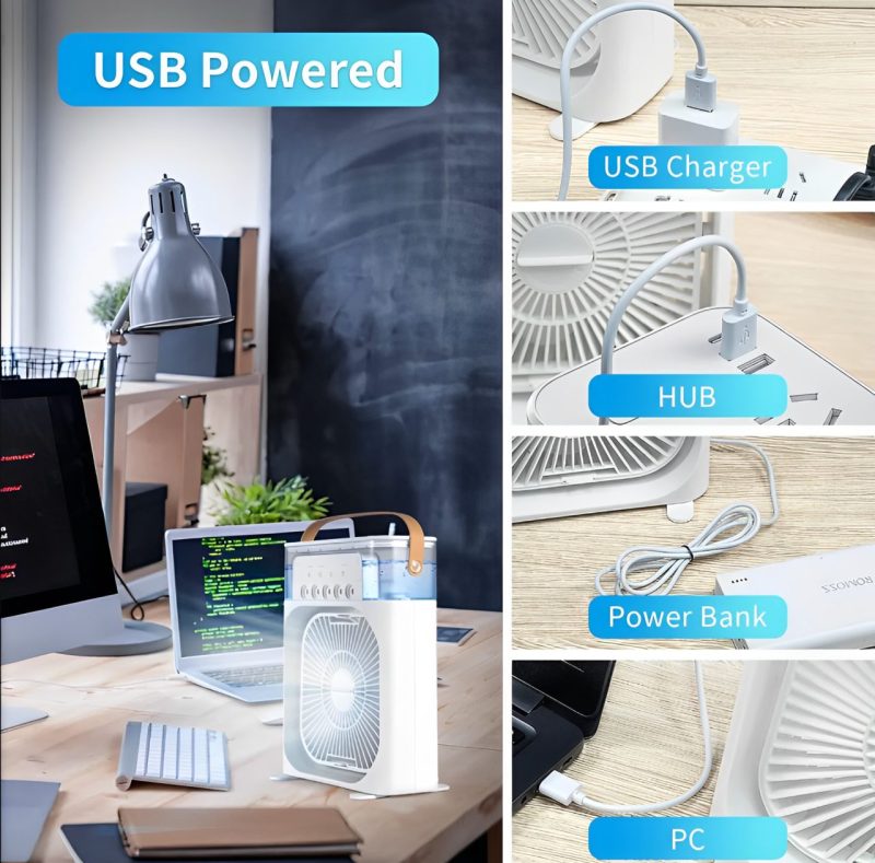 Portable Air Conditioner Mist Fan, Mini Humidifier Air Cooler with RGB Lights